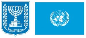 Wappen Israels (links) und Flagge der Vereinten Nationen (rechts)